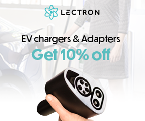 Banner: EV chargers and adapters with discount message.