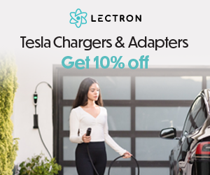 Banner: person charging vehicle with discount message.